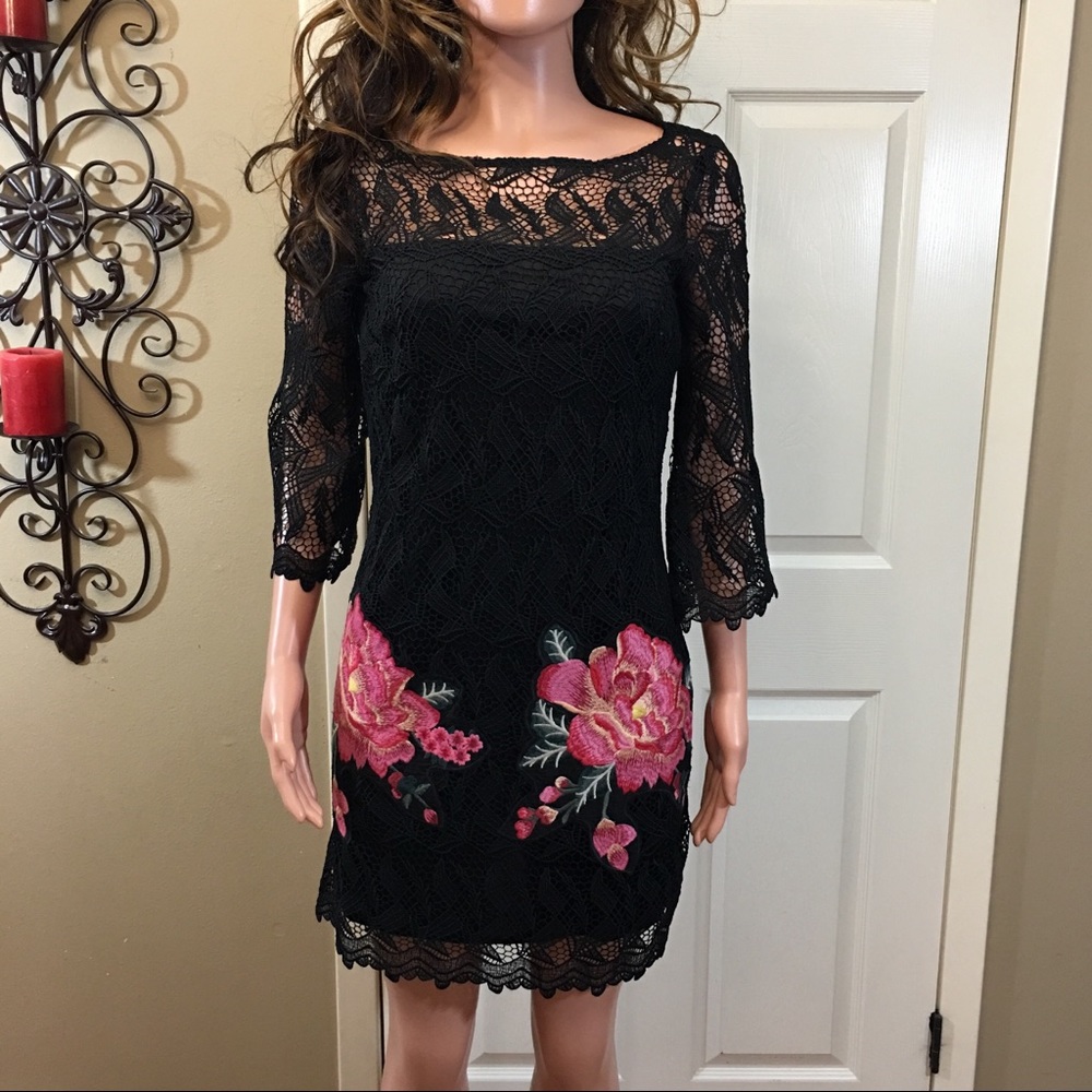 NWOT ASL crochet black embroidered floral dress - Picture 5 of 8